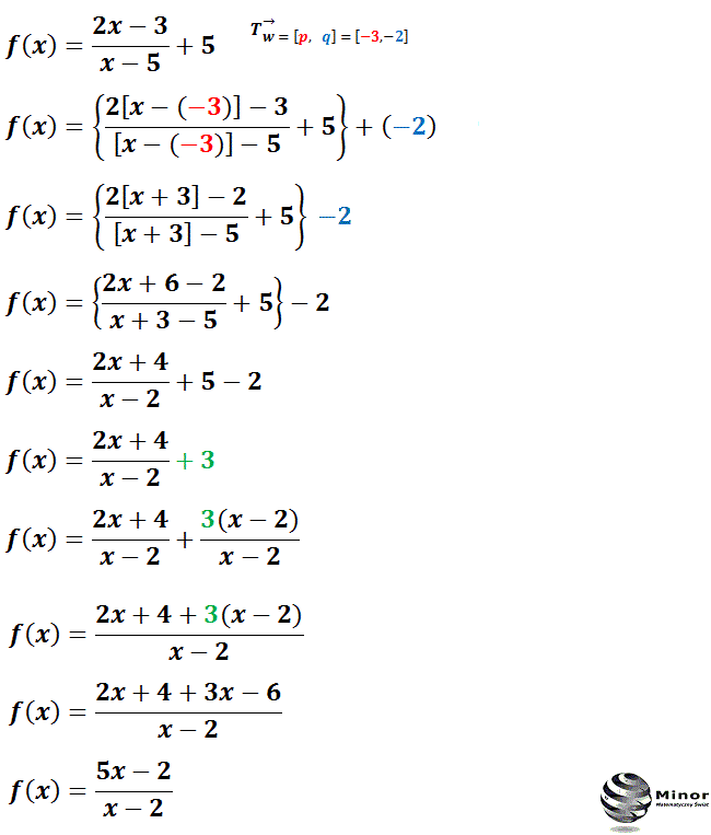 Translacja wykresu funkcji f(x) o wektor [-3, -2], polega na przesunięciu wykresu o 3 jednostki w lewą stronę równolegle do osi odciętych (x) i o 2 jednostki w dół równolegle do osi rzędnych (y). Do wzoru funkcji f(x) w miejsce x podstawiamy [x+3] i odejmujemy 2.