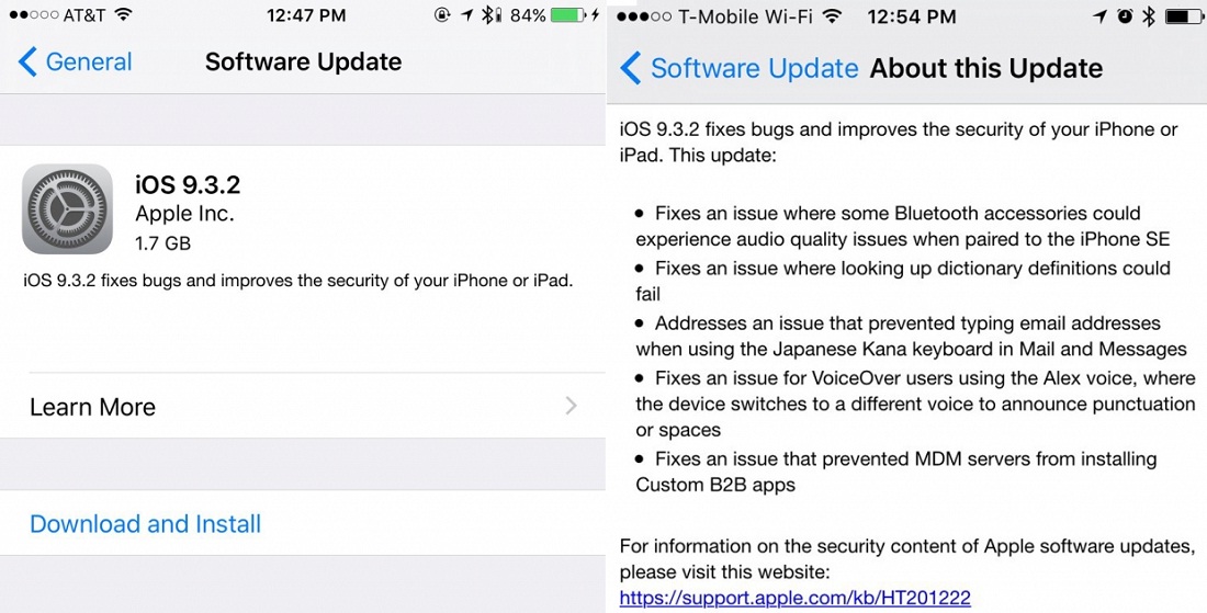 Apple iOS 9.3.2 Changelog and Features