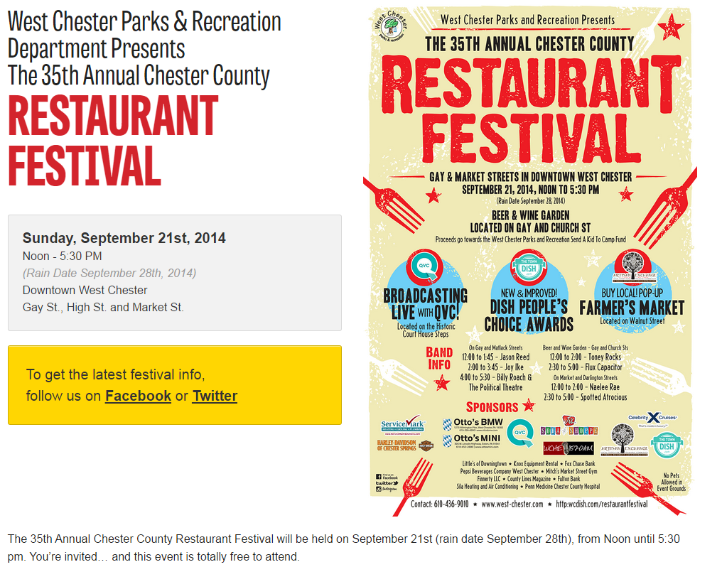 PADELIFE West Chester Restaurant Festival October 21, Sunday, Noon to 530