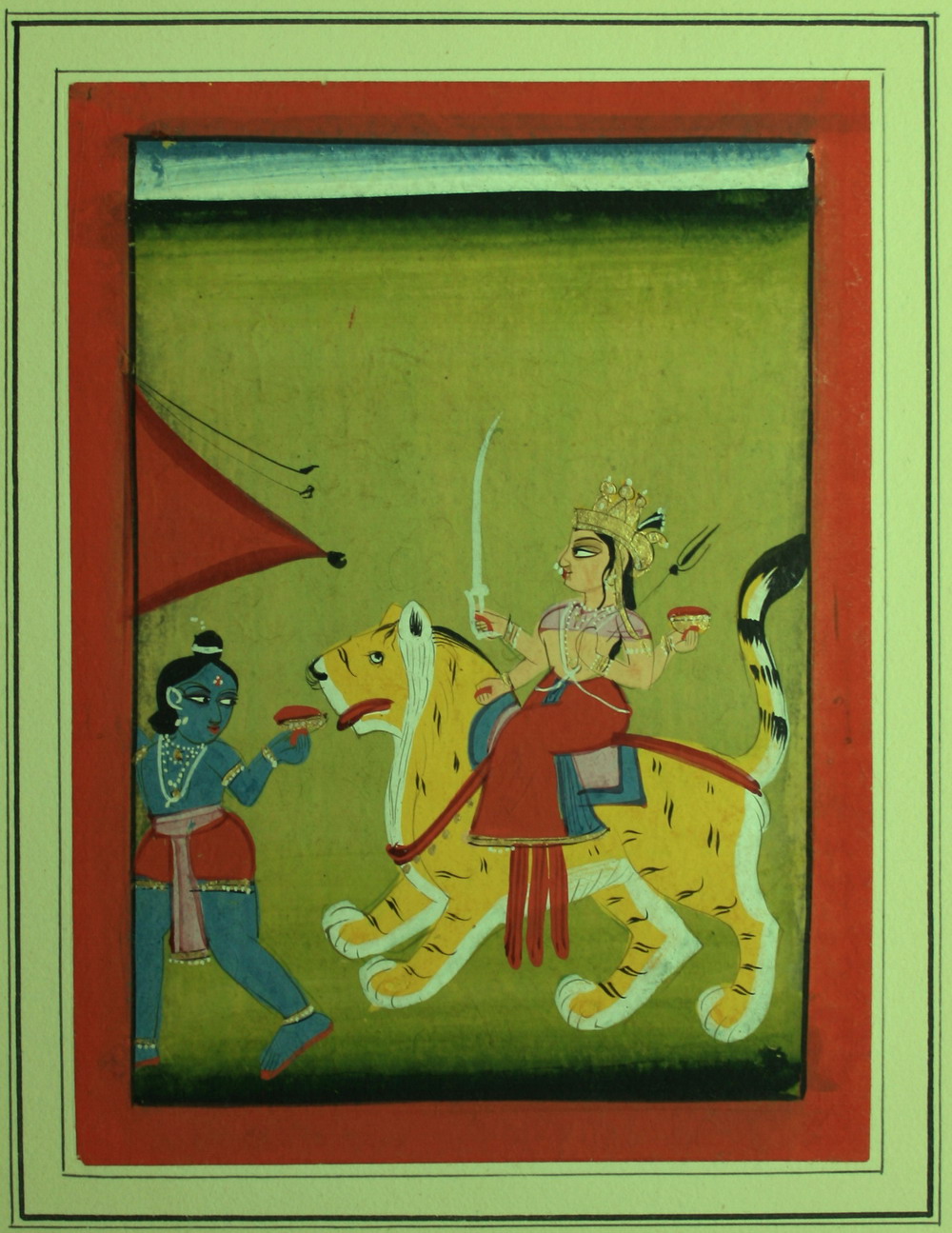 Durga on her Tiger vahana (mount) led by Bhairava - Rajput Painting, Jaipur, Circa Let 19th Century