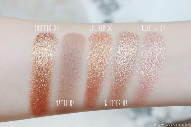 Innisfree Mineral Single Shadows Review and Swatches Shimmer 05, Matte 04, Glitter 06, Glitter 08, Glitter 04