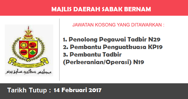 Jawatan Kosong di Majlis Daerah Sabak Bernam Jawatan Kosong di Majlis Daerah Sabak Bernam