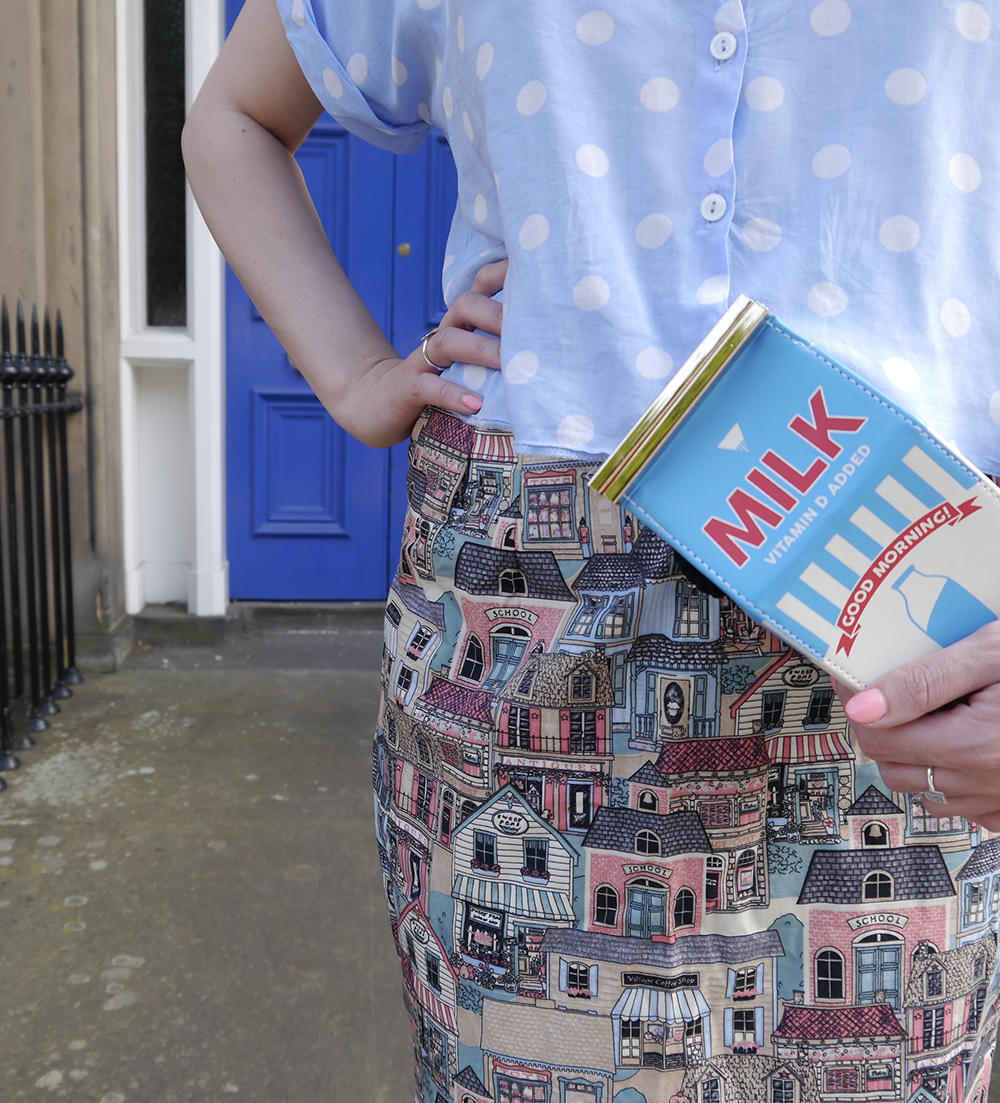 how to style the skinny dip london novelty milk bag Scottish blogger, blogger favourite, DIY your own skirt, Edinburgh blogger, Scottish street style, quirky street style, dressing to a theme, food inspired outfit, pale girl style,