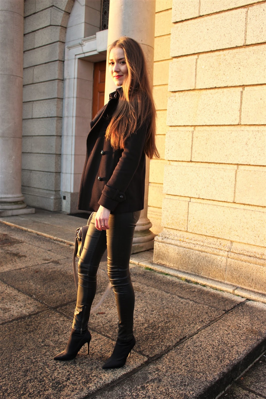 Winter Casual Outfit Black Jeans, Peacoat and Sock Boots Sinnamona
