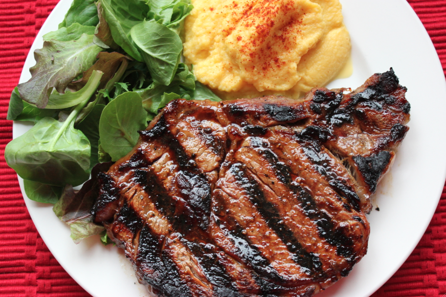Seared Black Peppercorn Steaks with Horseradish Potato Salad