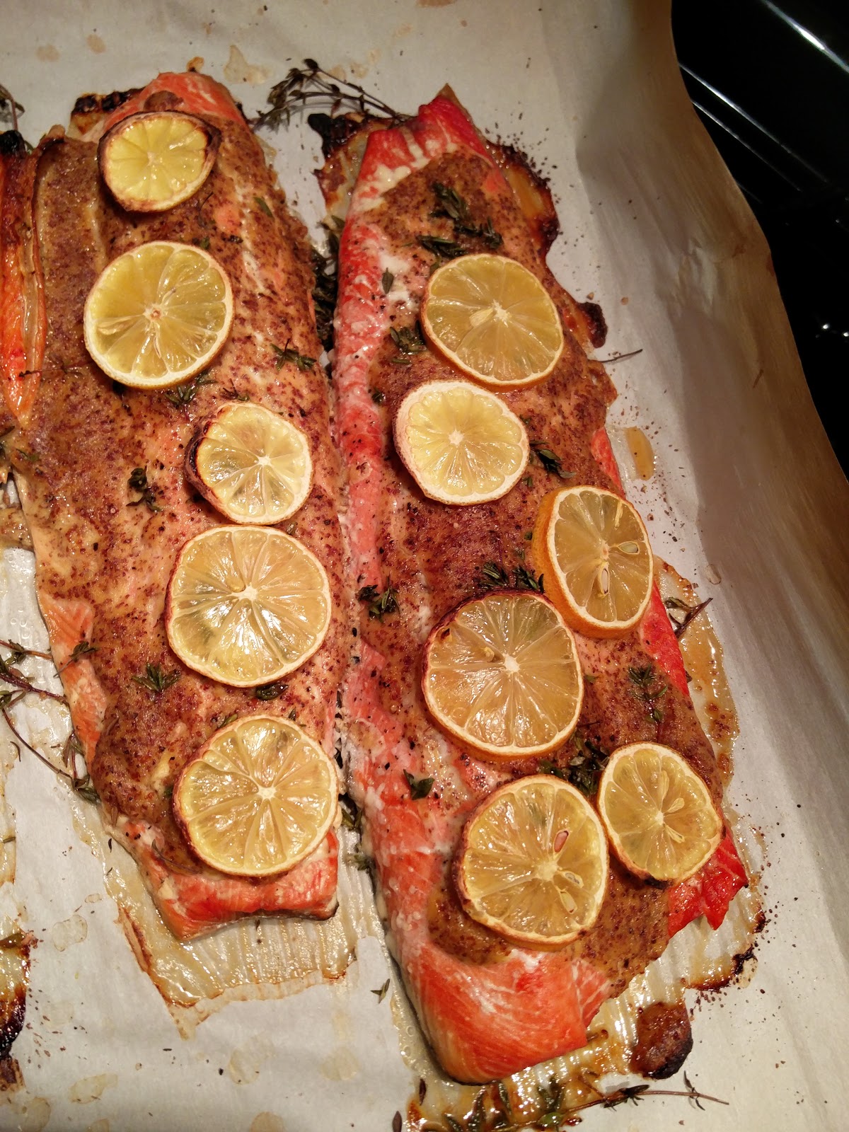 Nick and Alona Kitchen Roasted Salmon with thyme and honeymustard