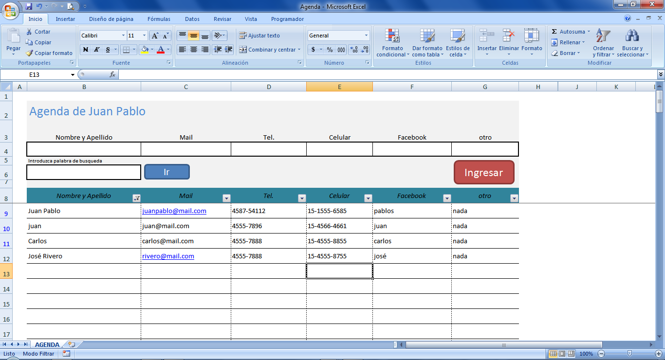 Presunto bandeja Boquilla mini aplicaciones en Excel: Agenda en Excel con Búsqueda de Registros  (address book in Excel with contact search)