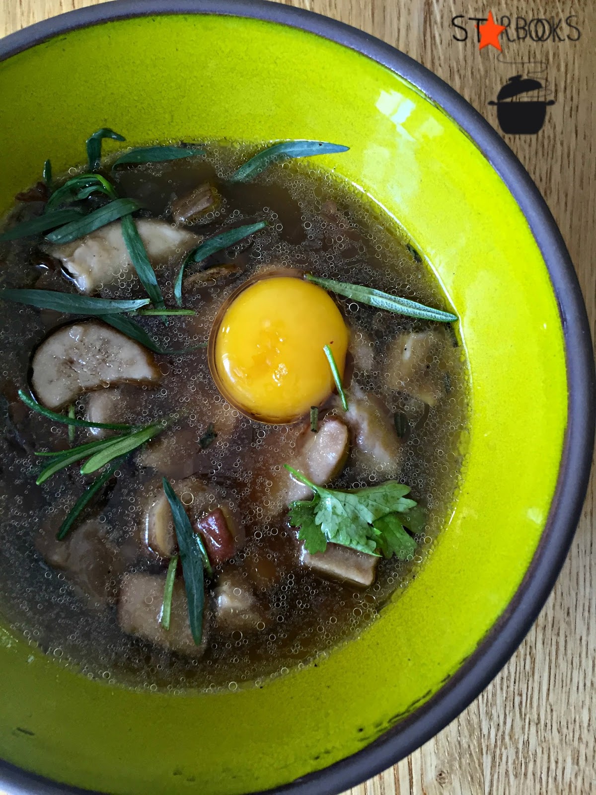 Starbooks PORCINI BROTH WITH DROPPED CONFIT EGGS AND HERBS