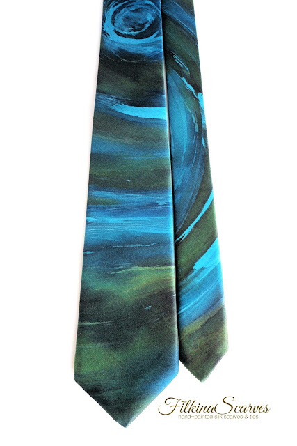Blue Green Abstract Wedding Party Men's Silk Satin Necktie Hand-Painted Groom Groomsman Gifts for him Unique Tie Hubby Dad present outfit