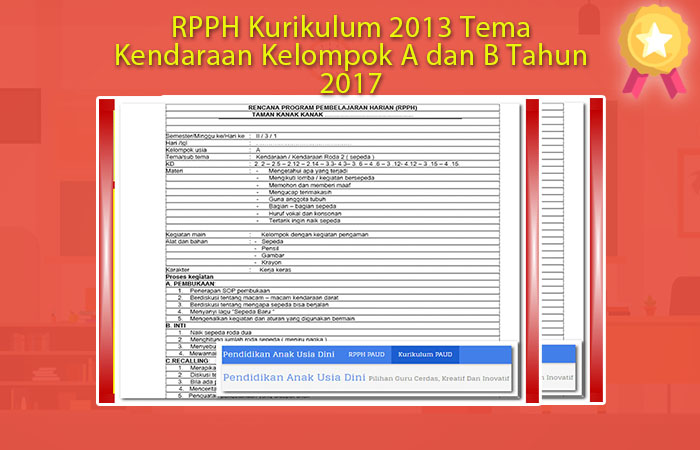 RPPH Kurikulum 2013 Tema Kendaraan Kelompok A dan B Tahun