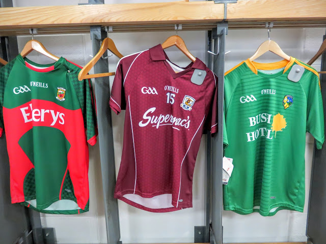 Irish GAA jerseys hanging in the locker room at Croke Park in Dublin