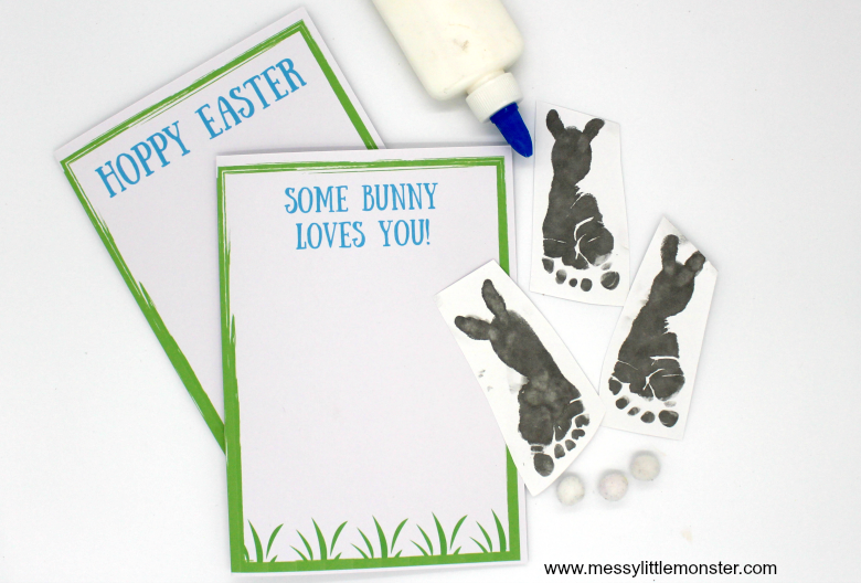 Footprint Easter Bunny Card - An easy craft for babies, toddlers and preschoolers. The free printable template includes the Easter  saying  'Hoppy Easter'. Use inkless handprint and footprint wipes to make an Easter baby keepsake.