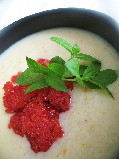 Pear Soup with Raspberry Sorbet