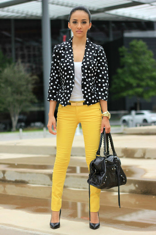 Polka Dot blazer and yellow jeans.