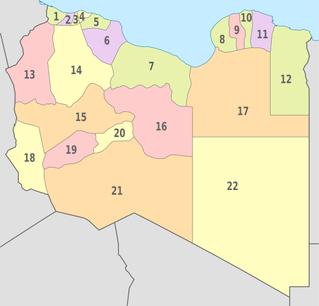Peta pembagian wilayah administratif Libya