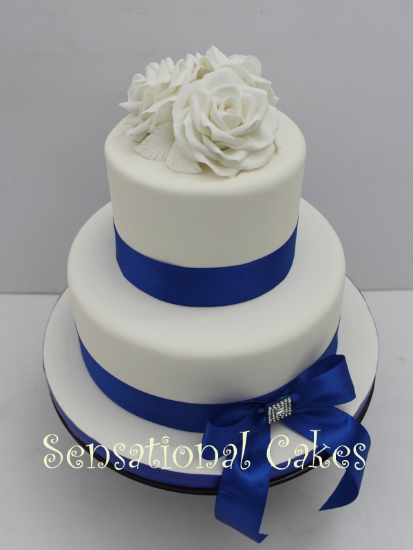 The Sensational Cakes WHITE ROSES 2 TIER BLUE WEDDING CAKE SINGAPORE