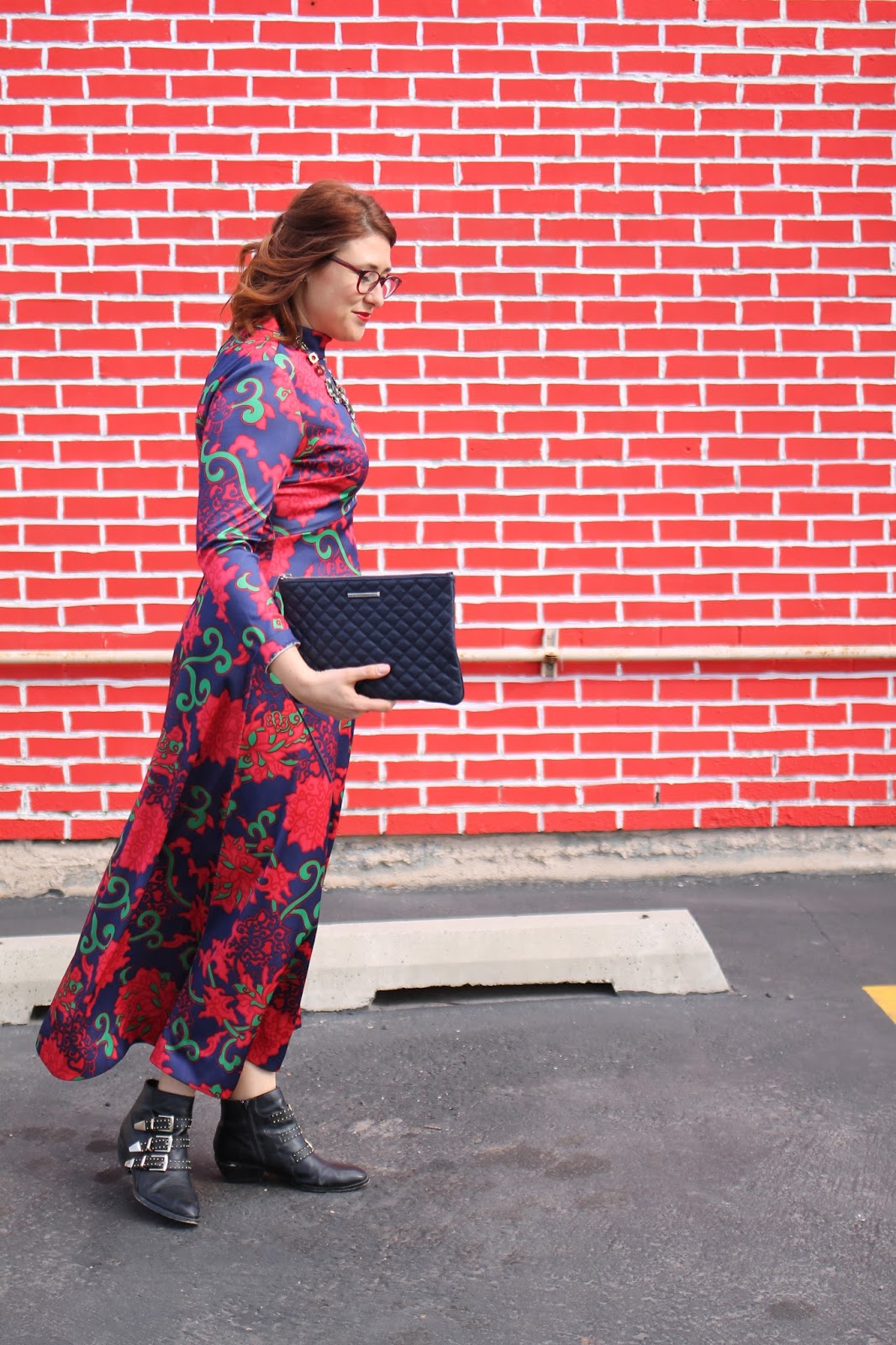 warby parker percy, Maxi dress, vintage dress, black booties,Rebecca Minkoff quilted clutch, utah fashion week, fashion show look