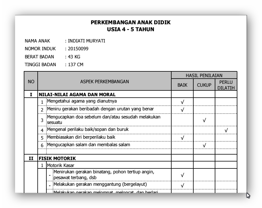 Kumpulan Contoh Raport PAUD,TK,KB Dan TPA Lengkap Terbaru