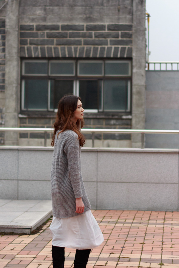 only sweater, asos, layering tips, over the knee boots, grey knit, winter fashion, korean style