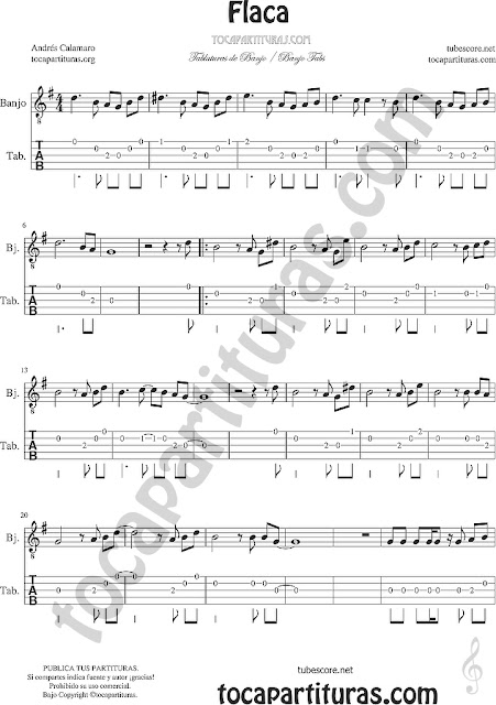 Flaca Tablatura y Partitura de Banjo Punteo Tab Sheet Music for Banjo Tablature