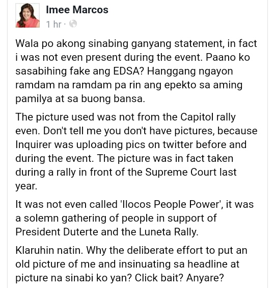 Imee Marcos denounces Inquirer article about ‘fake EDSA’ claims