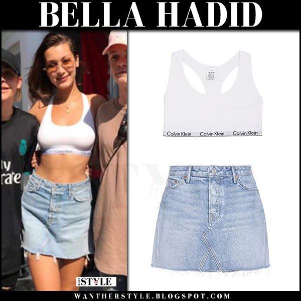 Bella Hadid in white crop top and white mini tennis skirt in NYC