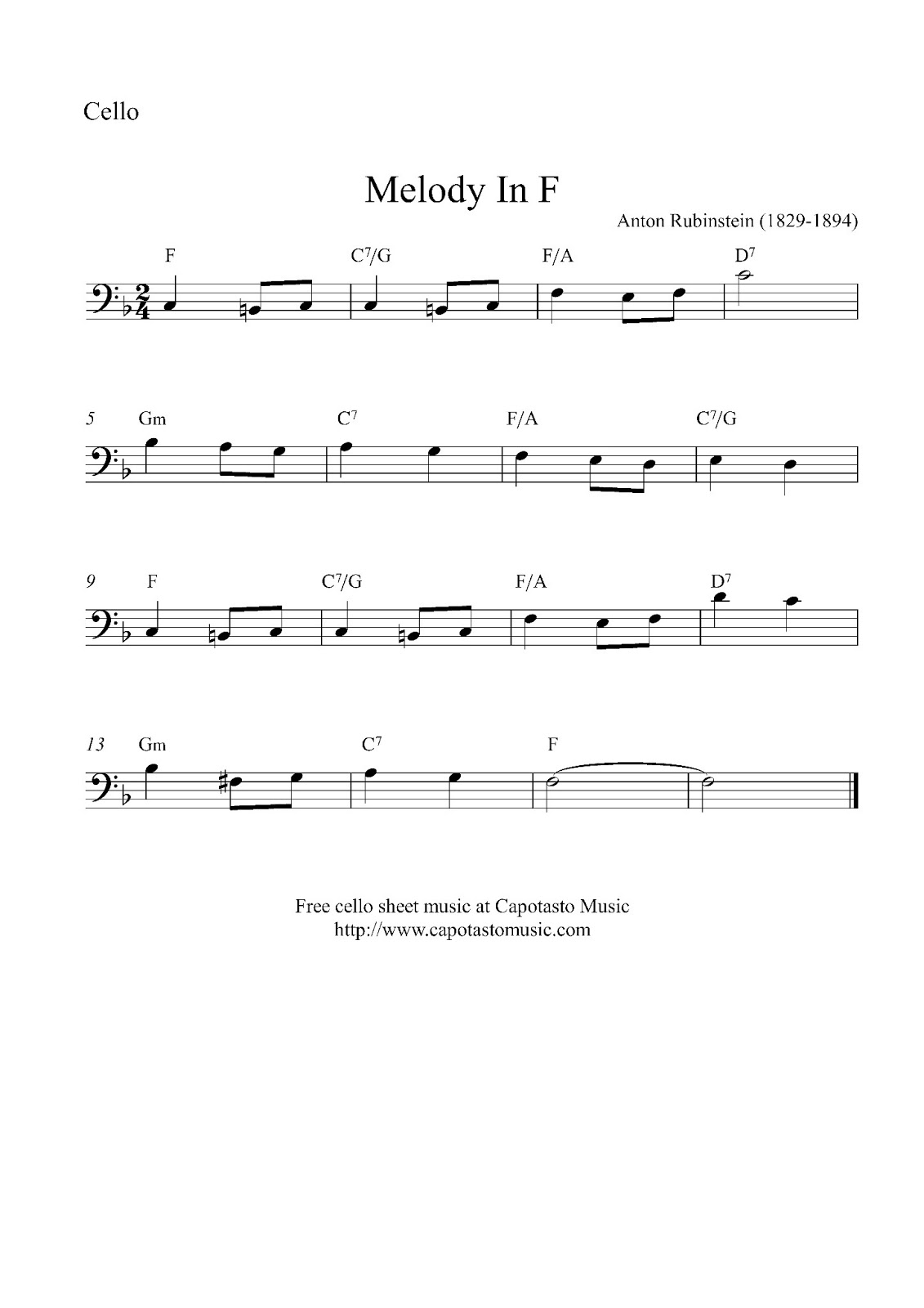 Free easy cello sheet music, Melody In F (simplified and shortened version)