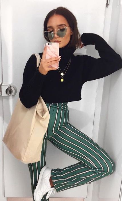 how to style a pair of striped pants : nude bag + sweater + sneakers