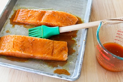 Grilled Salmon with a glaze of sugar-free maple syrup, Sriracha, and lime juice.  [found on KalynsKitchen.com]