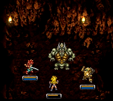 Crono, Ayla, and Robo do battle against the imposing Nizbel, a boss in 65,000,000 BC's Reptite Lair