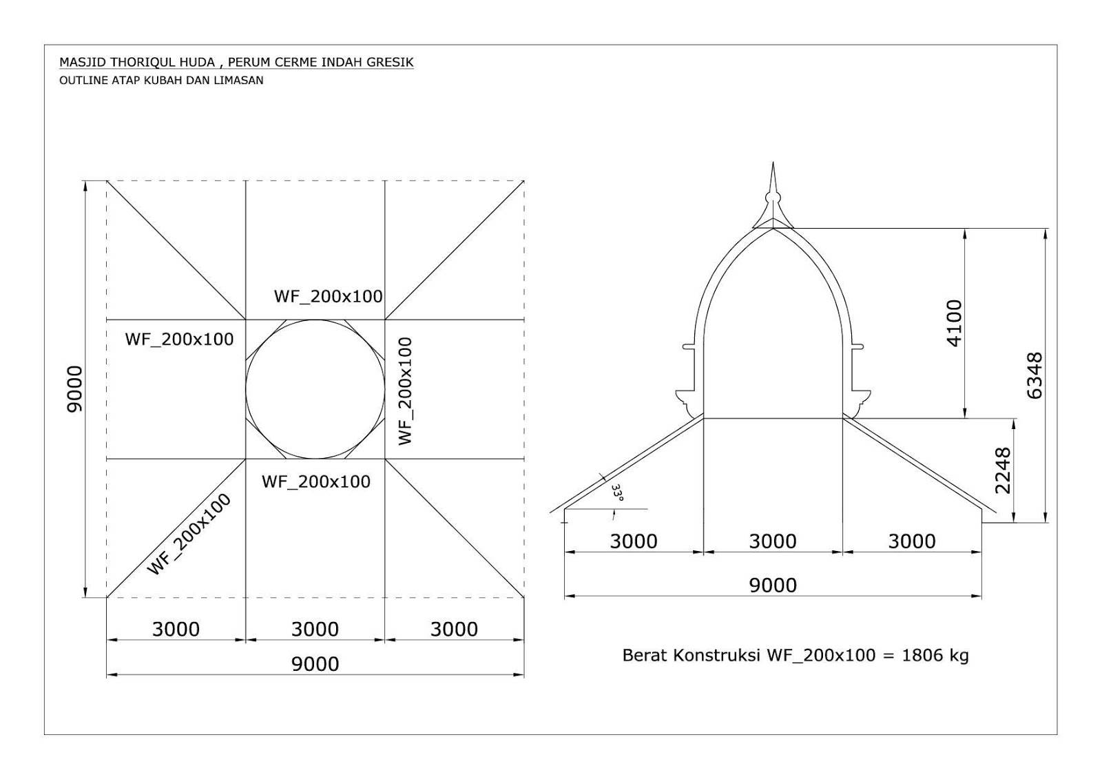 Gambar desain konstruksi atap miring limasan kubah masjid 
