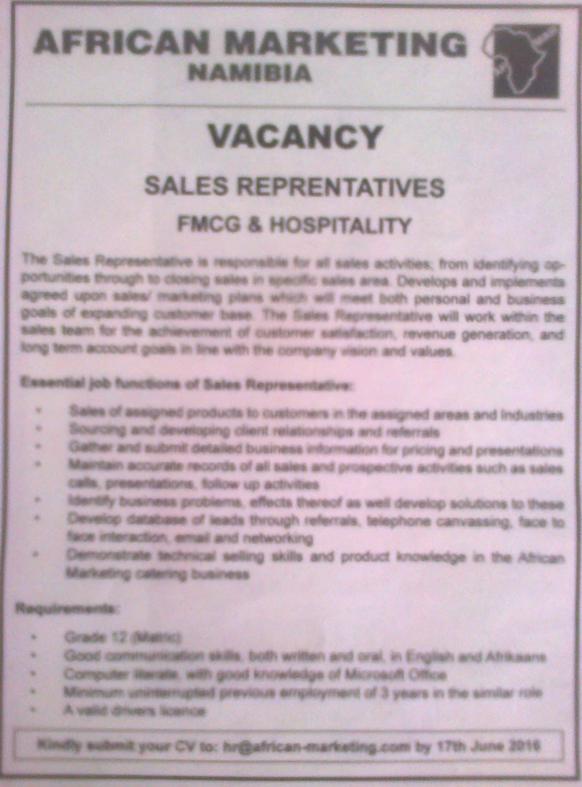 Jobs in Namibia Vacancy Sales Representatives (FMCG and Hospitality