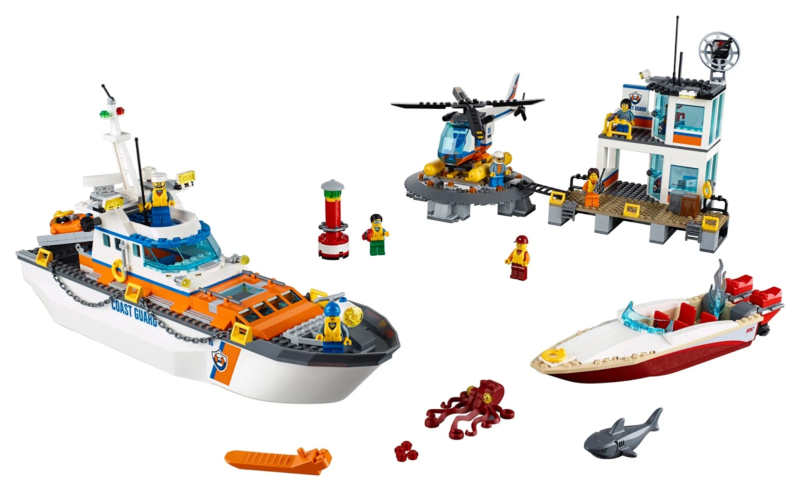 The Lego Coast Guard Headquarters set assembles including 2 boats, headquarters, helicopter , people and animals