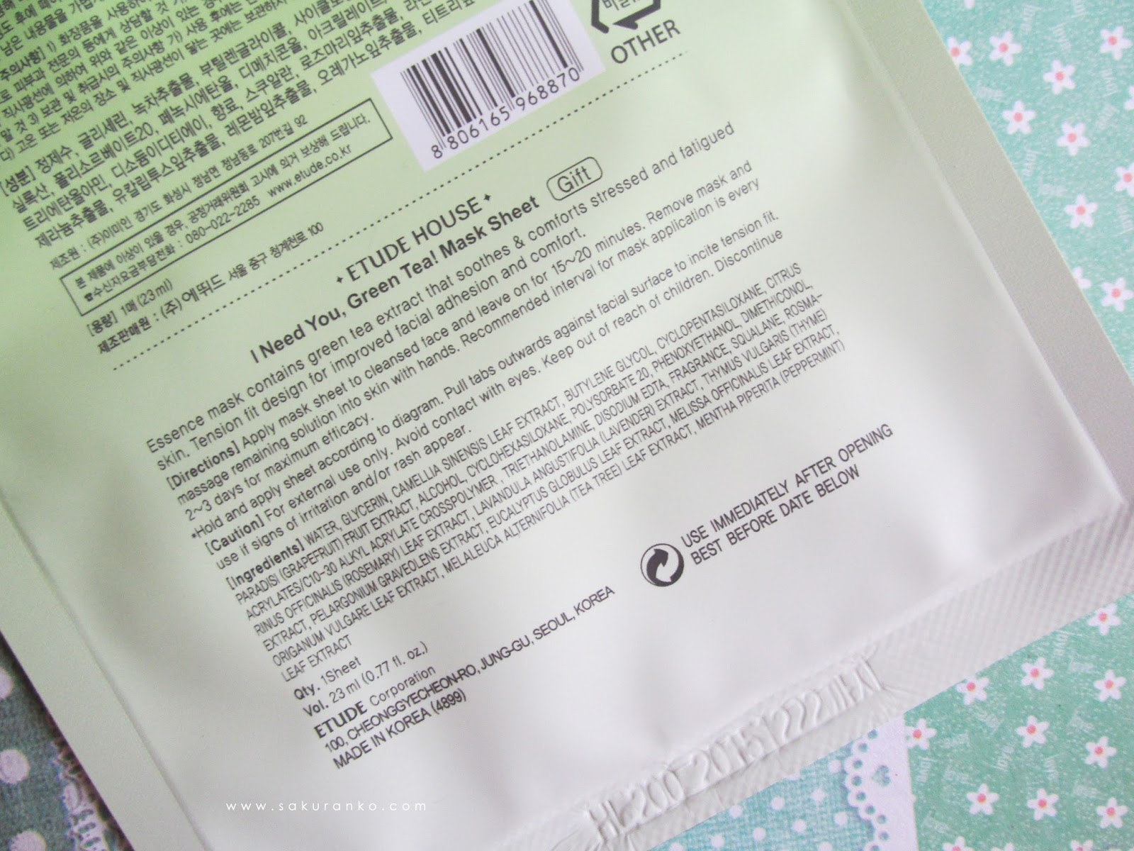 Sakuranko Etude House Green Tea Mask Sheet