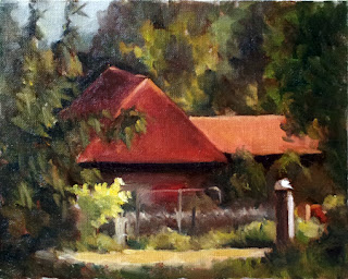 Oil painting of a steep-pitched red-rooved shed surrounded by trees and shrubs.