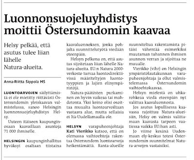 Luonnonsuojeluyhdistys moittii Östersundomin kaavaa