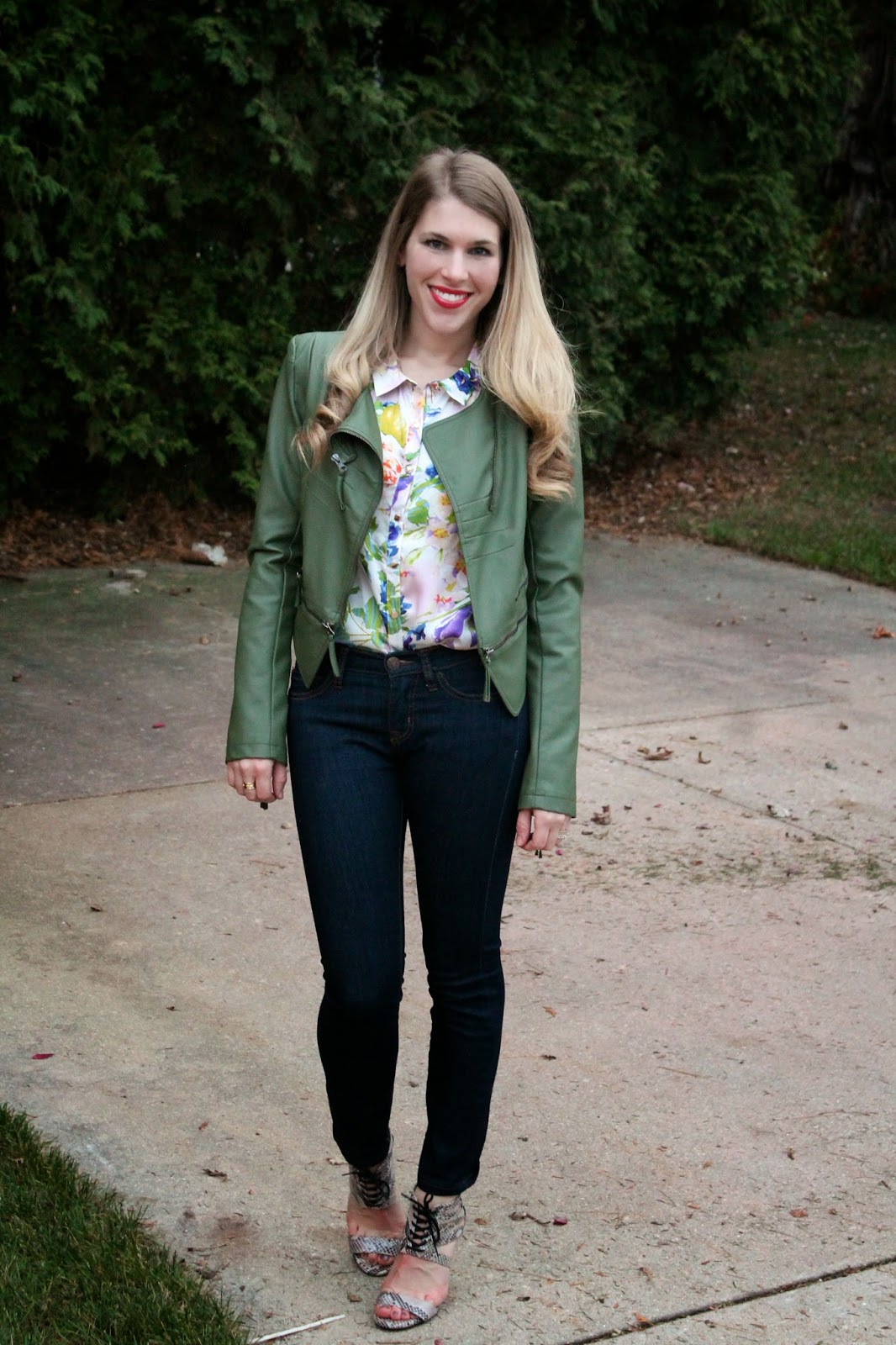 Floral Blouse and Olive Moto Jacket