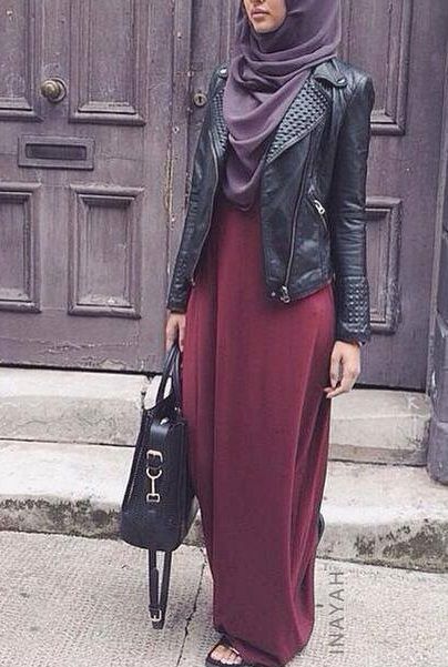 Long Basic Deep Red Dress + Charcoal Soft Georgette Hijab | INAYAH