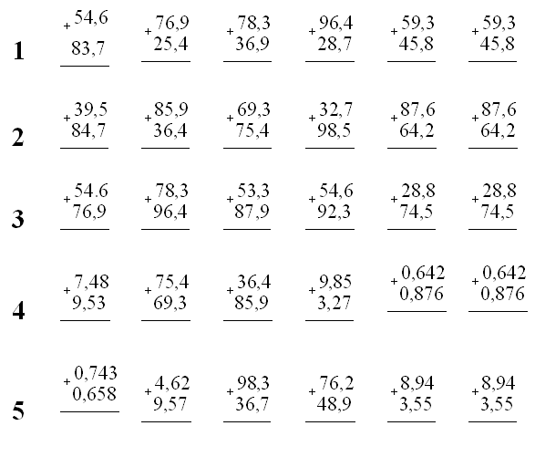 Вычитание десятичных дробей 5 класс карточки