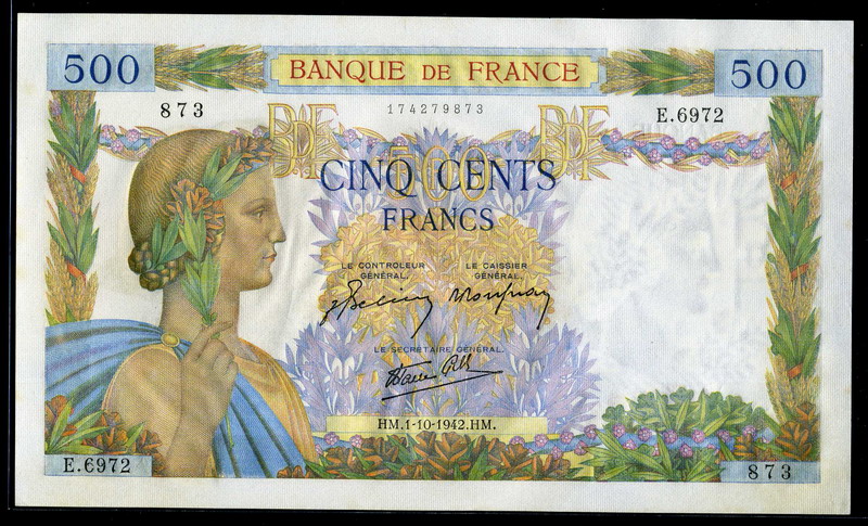 Currency of France 500 French Francs banknote 1942 La Paix|World