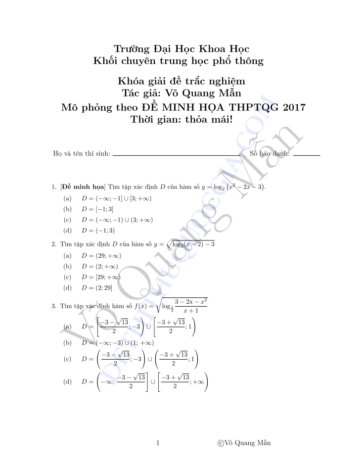 đề thi thử môn Toán 2017 dạng trắc nghiệm khách quan của Võ Quang Mẫn phần 1 de thi thu mon toan 2017 dang trac nghiem khach quan vo quang man part 1