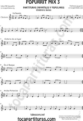 Partitura de Clarinete Solfeando, Historia de un Lugar, En el Bosque y Anclas Potanclas Popurrí Mix 3 Sheet Music for Clarinet Music Score