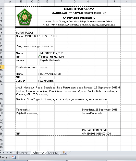 Cara Membuat Surat Pada M.Excel: Membuat surat tugas pada ...