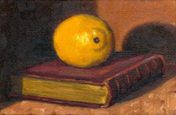 Oil painting of a lemon on top of a red leather-bound book.