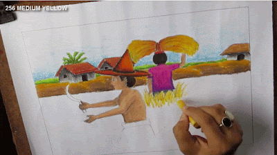 Menggambar pemandangan desa saat petani memanen padi di ladang Tutorial menggambar pemandangan desa saat petani memanen padi di ladang