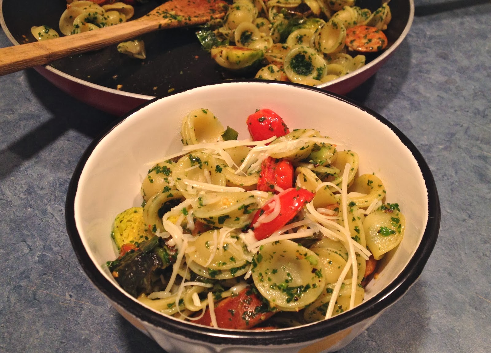 Pesto Orecchiette with Roasted Brussel Sprouts and Chicken Sausage