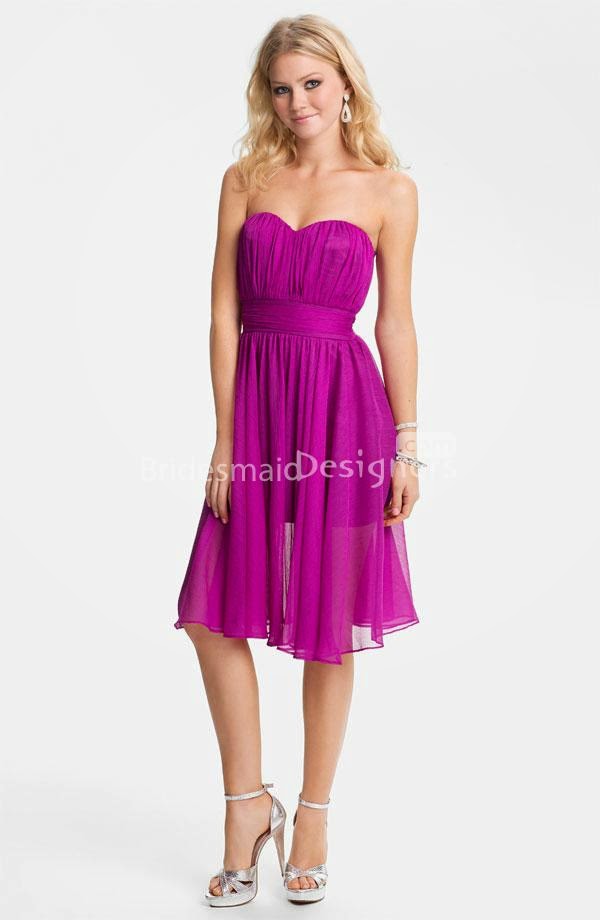 Fuschia Chiffon Sweetheart Strapless Knee Length A-line Bridesmaid Dress-1