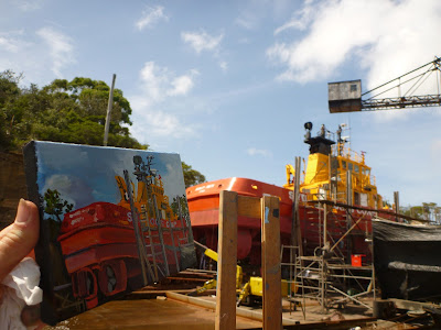 plein air oil painting of Sydney Ports tug 'Shirley Smith' on slipway of Goat Island by artist Jane Bennett
