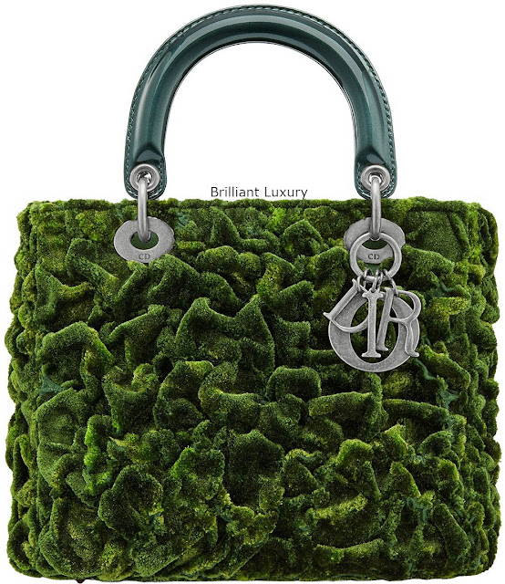 ♦Lady Dior mini bag, cotton silk embroidered with texture,create a vegetal moss effect,tie and dye effect green color, designer Lee Bul