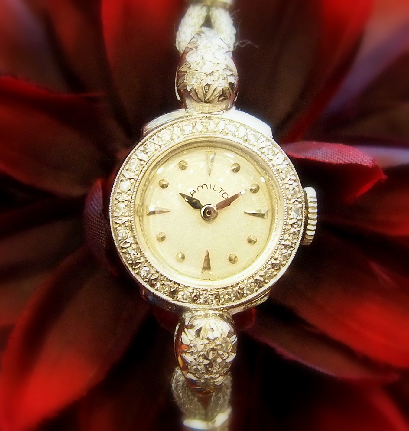 ハミルトン ダイヤモンド4個 14K 金無垢 手巻き 腕時計 レディース 14